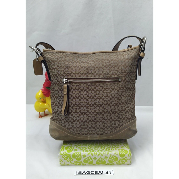 Coach Signature Brown Canvas Suede Zipper Closure Crossbody Shoulder Bag - Picture 2 of 14